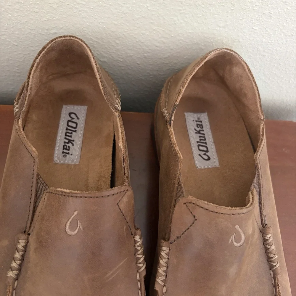 Olukai Moloa Slip On Men 9.5 Brown Leather Casual Loafer 10128-2733 Outdoor